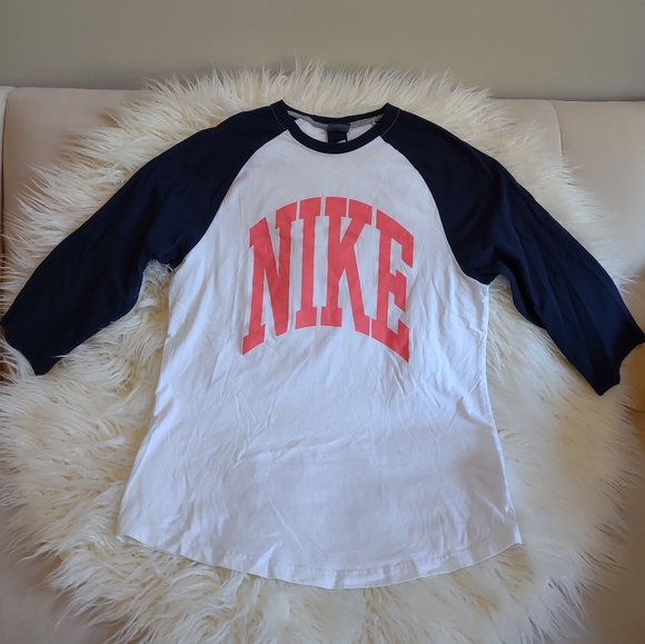 Nike Tops - NIKE Raglan Sleeve Baseball T-Shirt Cotton Three-Quarter Size Large Blue White